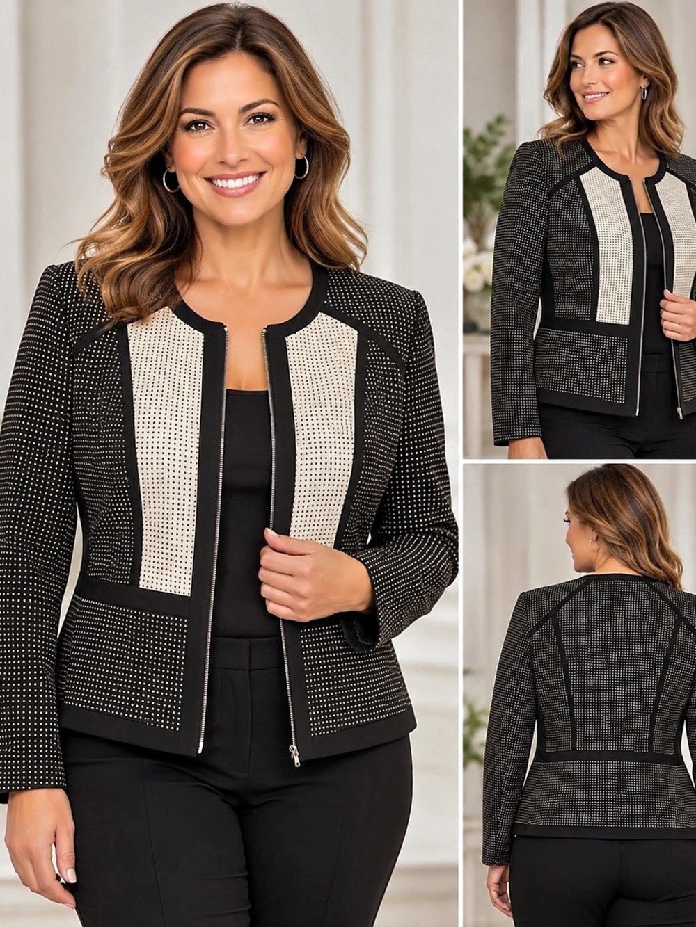 Calvin Klein Geometric Zip-Front Blazer in Black & Cream Size 12 NWT